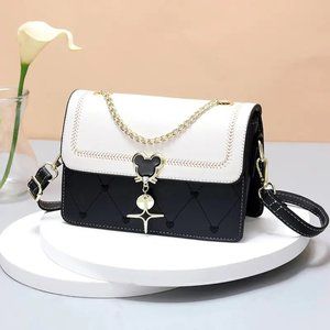 Embroidery flap square white/black bag, girls purse